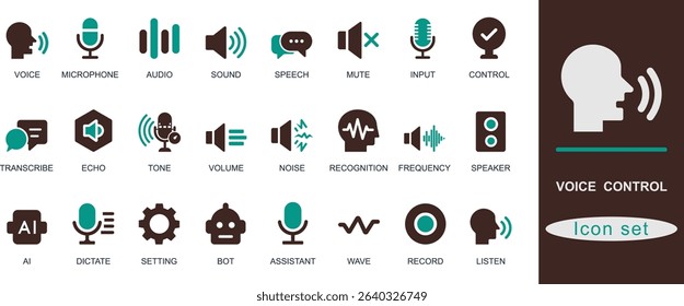 Solid voice control icon set with microphone, sound, speech, AI, command, input, mute, assistant, and audio. Ideal for UI, app, smart home, and AI design.