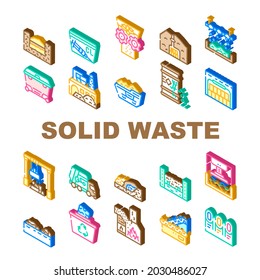 Vector Set de Iconos Empresariales de Gestión de Residuos Sólidos. Eliminación Médica De Basura Y Ordenación De Metales, Procesamiento Y Presión Industriales De Desechos, Ilustraciones De Signos Isométricos De Montaña Y Subacuático