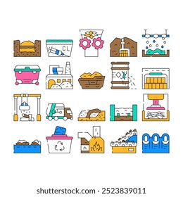 Conjunto de iconos de negocios de gestión de residuos sólidos Vector. Eliminación De Basura Médica Y Clasificación De Metales, Procesamiento Y Prensado De Industrial De Residuos, Entierro En Ilustraciones De Contorno Montañoso Y Subacuático