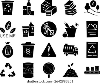 Solid Waste Management Icon Set. Includes Recycling, Garbage, Biohazard, and Sanitation Symbols. Editable Silhouette Icons.