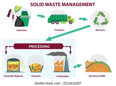 Solid Waste Management Step by Step Process. Editable Clip Art.