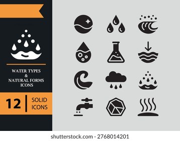 Solid water type icons featuring lakes rivers rain and natural forms ideal for geography design environmental visuals and creative projects