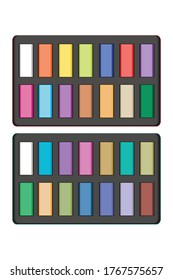 Solid watercolor paind set on white background. Colorful paint in black box on white. Two different color palettes. Paints for drawing. Vector illustration.