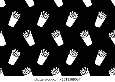 Solid White French Fries Seamless Pattern on Black Background