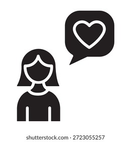 Solide Frau mit Herznachricht-Symbol für Valentinstag. Kühne weibliche Avatar mit Liebe Chat Blase Symbol für Romantik, Dating, Crush, Freundin, Nachricht, Grußkarte, App, und Valentine Design-Projekte.
