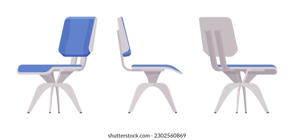 Solid wood swivel chair furniture set in natural light, blue. Computer, study or leisure room, balcony, bar, coffee shop interior. Vector flat style cartoon home, office isolated on white background