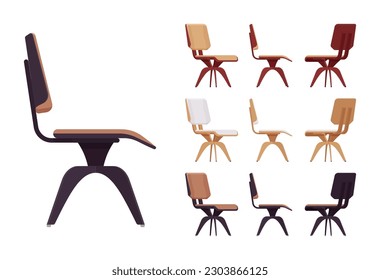 Solid wood swivel chair furniture big set in natural brown colors. Computer, study, leisure room, balcony, bar, coffee shop interior. Vector flat style cartoon home, office isolated, white background