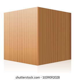 Solid wooden cube. Perspective illustration of a single polished, varnished wood textured dice with - three-dimensional isolated vector on white background.
