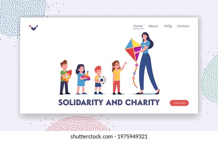 Solidarity, Charity and Philanthropy Landing Page Template. Woman Giving Toys to Orphans, Donation for Poor Children. Volunteer Character Altruistic Help to Kids. Cartoon People Vector Illustration