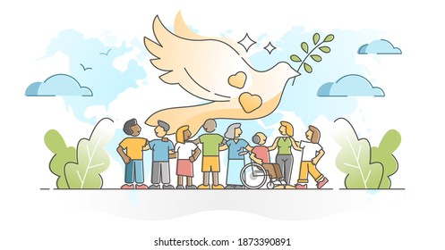 Solidarity as community social group diversity acceptance outline concept. Together as one in peace and unity vector illustration. Dove peace symbol with different orientation, race and ethnic people.