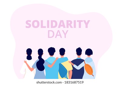 Solidarity day banner. International friends fest, diverse people group hug. Human community, cultural friendship support vector illustration