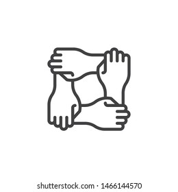 Solidarity Hands Line Icon. Linear Style Sign For Mobile Concept And Web Design. Four Hands Hold Together Outline Vector Icon. Charity Organization And Donation Community Symbol, Logo Illustration. 