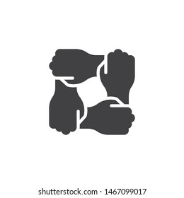 Solidarity hands vector icon. filled flat sign for mobile concept and web design. Four hands hold together glyph icon. Charity organization and donation community symbol, logo illustration. 
