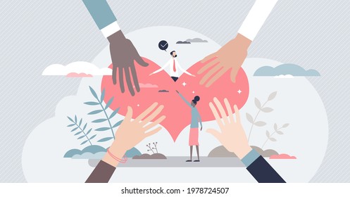 Solidarity help and unity in different nationalities tiny persons concept. Various ethnic groups holding one donation heart and bonding as global friendship, support and care vector illustration.