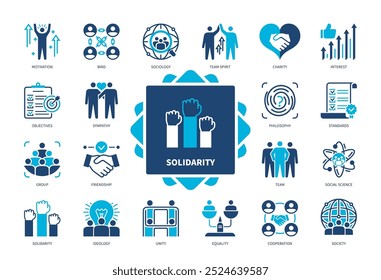 Ícone de solidariedade definido. Motivação, Espírito De Equipe, Caridade, Ideologia, Cooperação, Interesse, Sociologia, Simpatia. Ícones sólidos de cor duotônica