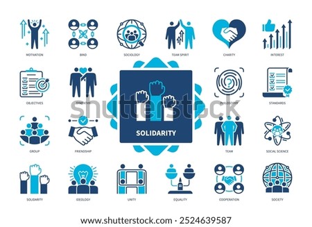 Solidarity icon set. Motivation, Team Spirit, Charity, Ideology, Cooperation, Interest, Sociology, Sympathy. Duotone color solid icons