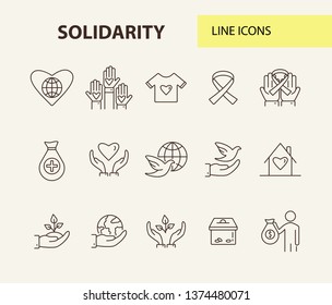 Solidarity icons. Line icons collection on white background. Charity foundation, world peace, ribbon. Support concept. Vector illustration can be used for topics like charity, volunteering, help