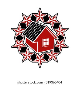 Solidarity idea vector icon, simple house surrounded with festive stars. Stylized design element, union theme.

