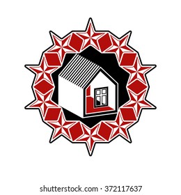 Solidarity idea vector icon, simple house surrounded with festive stars. Stylized design element