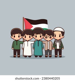 Solidarity of Palestinian children boy group standing with Palestine flag wear Keffiyeh scarf vector illustration