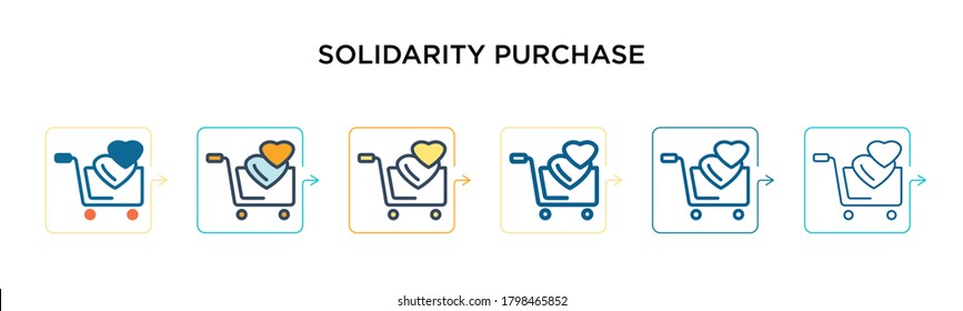 Icono de vector de compra solidaria en 6 estilos modernos diferentes. Iconos de compra de color negro, de dos colores, diseñados en estilo relleno, contorno, línea y trazo. La ilustración vectorial puede utilizarse para la web,