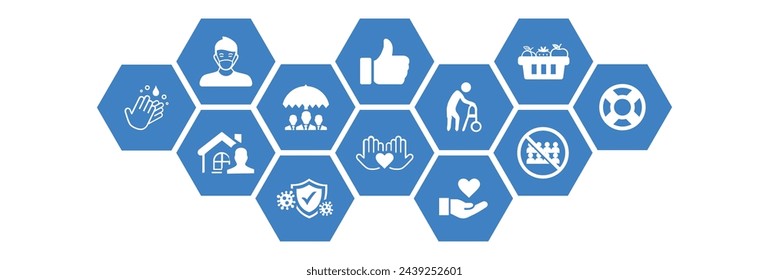 Solidarity and support during corona outbreak vector illustration. Concept with connected icons related to covid lockdown help, social support, charity and assistance.