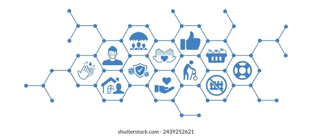 Solidarity and support during corona outbreak vector illustration. Concept with connected icons related to covid lockdown help, social support, charity and assistance.