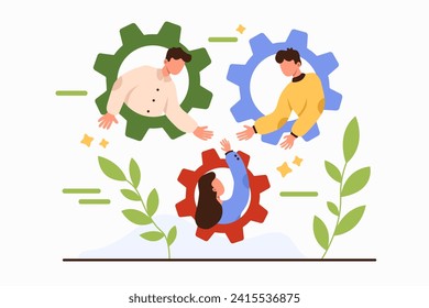 Solidarity, support and union of employees, incentive to work as strong dedicated team. Colleagues inside gears meeting hands together, teamwork of united tiny people cartoon vector illustration