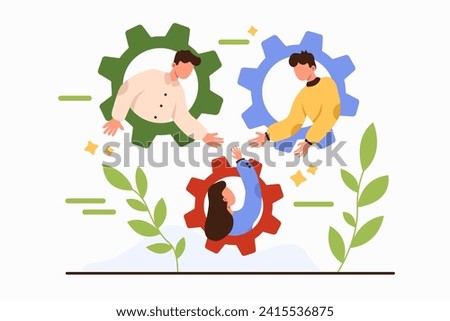 Solidarity, support and union of employees, incentive to work as strong dedicated team. Colleagues inside gears meeting hands together, teamwork of united tiny people cartoon vector illustration