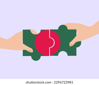 Solidarity and togetherness in Bangladesh, 2 puzzle pieces, Bangladesh people helping each other, unity and help idea, vector design, support and charity concept, union of society