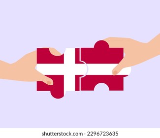 Solidarity and togetherness in Denmark, 2 puzzle pieces, Denmark people helping each other, unity and help idea, vector design, support and charity concept, union of society