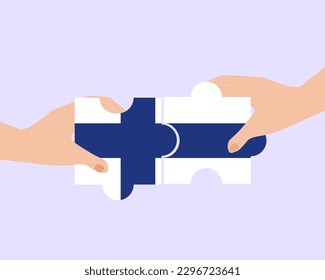 Solidarity and togetherness in Finland, 2 puzzle pieces, Finland people helping each other, unity and help idea, vector design, support and charity concept, union of society