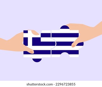 Solidaridad y unión en Grecia, 2 piezas de rompecabezas, Grecia gente ayudándose mutuamente, unidad y ayuda a la idea, diseño vectorial, apoyo y concepto de caridad, unión de la sociedad