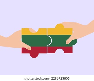 Solidaridad y unión en Lituania, 2 piezas de rompecabezas, Lituania se ayuda mutuamente, unidad y ayuda a la idea, diseño vectorial, apoyo y concepto de caridad, unión de la sociedad