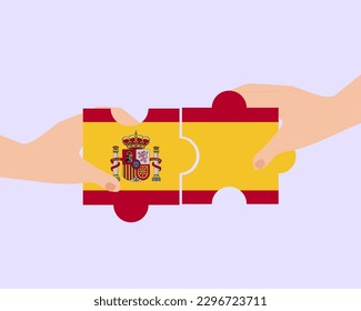Solidaridad y unión en España, 2 piezas de rompecabezas, España se ayuda unos a otros, unidad y ayuda a la idea, diseño vectorial, apoyo y concepto de caridad, unión de la sociedad