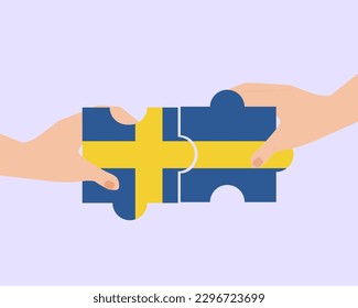 Solidarity and togetherness in Sweden, 2 puzzle pieces, Sweden people helping each other, unity and help idea, vector design, support and charity concept, union of society