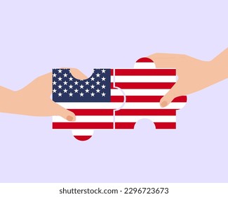 Solidarity and togetherness in USA, 2 puzzle pieces, USA people helping each other, unity and help idea, vector design, support and charity concept, union of society