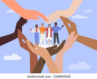 Solidarity and unity concept. People of different nationalities and skin colors hold hands and support each other. International collaboration and teamwork. Cartoon modern flat vector illustration