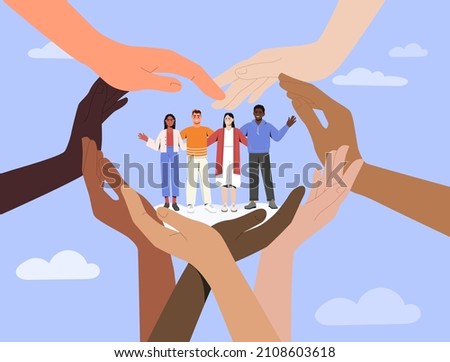 Solidarity and unity concept. People of different nationalities and skin colors hold hands and support each other. International collaboration and teamwork. Cartoon modern flat vector illustration