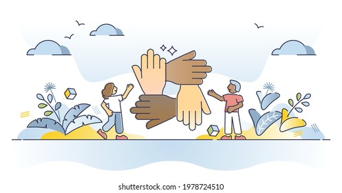 Solidarity and unity as connect multiracial people hands outline concept. Teamwork and social connection or bonding as international collaboration and support vector illustration. Trust and care scene