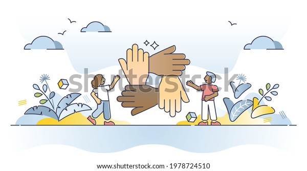 Solidarity and unity as connect multiracial people\
hands outline concept. Teamwork and social connection or bonding as\
international collaboration and support vector illustration. Trust\
and care scene