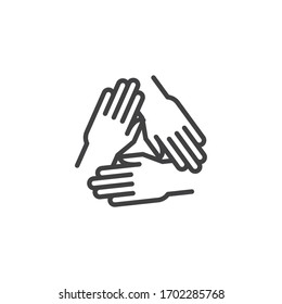 Solidarität, Einigkeit Handlungs-Symbol. lineares Stilzeichen für mobiles Konzept und Webdesign. Drei Hände halten das Symbol der Vektorillustration zusammen. Symbol, Logo-Abbildung. Vektorillustration-Grafiken