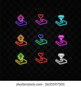 Solidarity vector icon. hand holding diamond. neon style.charity concept the isolated vector symbol of solidarity. hand holding globe.