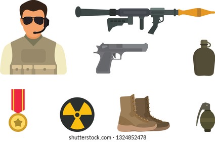 Solider icon set including shoes , guns and sign.