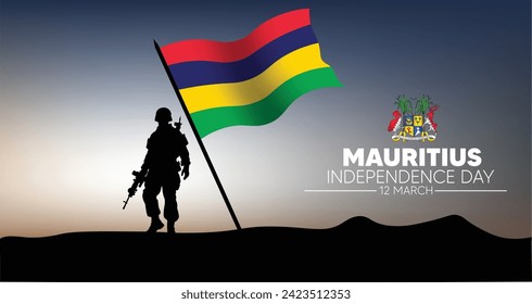 solider with Mauritius waving flag Mauritius independence day vector poster