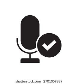 Solid-filled microphone with a successful check mark sign for completed audio recording.
