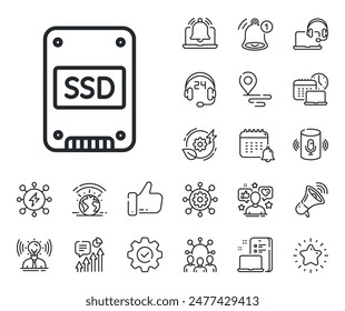 Solid-state drive sign. Place location, technology and smart speaker outline icons. SSD icon. Storage disk symbol. SSD line sign. Influencer, brand ambassador icon. Support, online offer. Vector