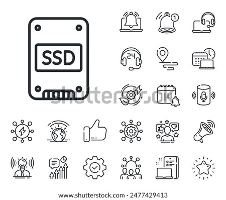 Solid-state drive sign. Place location, technology and smart speaker outline icons. SSD icon. Storage disk symbol. SSD line sign. Influencer, brand ambassador icon. Support, online offer. Vector