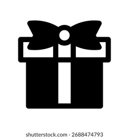 A solid-style icon of a present wrapped in paper and tied with a bow.