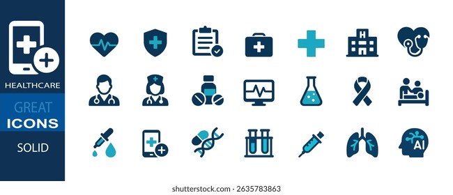 A solid-style icon set focused on healthcare and medical services, featuring symbols like doctor, treatment, diagnosis, prevention, patient care, and hygiene practices.